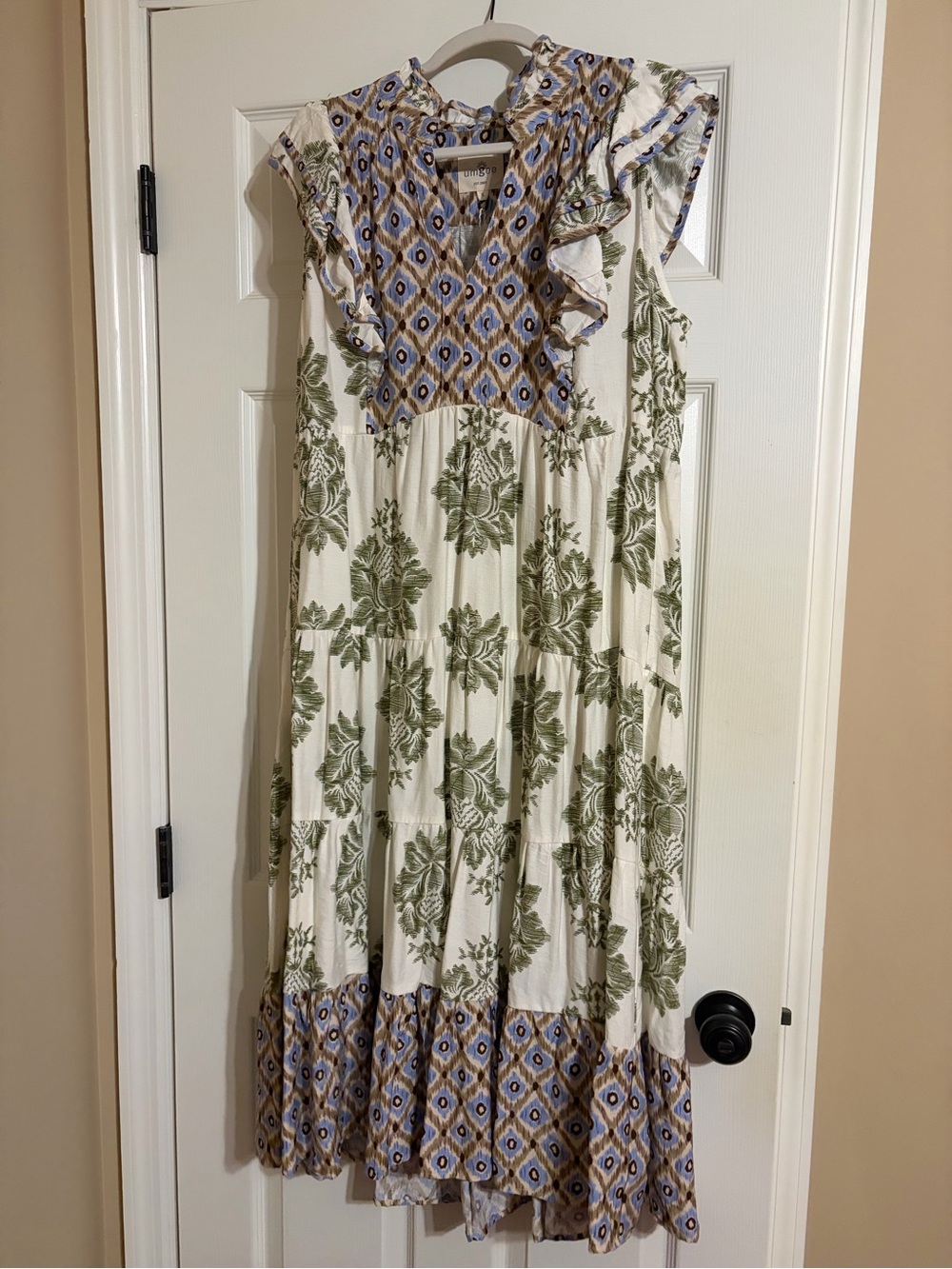 Umgee Cream Maxi Dress with Olive Leaf Print and Blue Geometric Yoke
